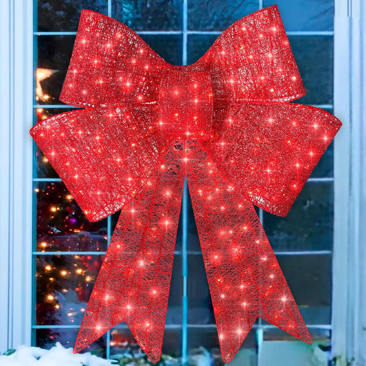 Large lighted Christmas bow with red LED lights for front door decoration