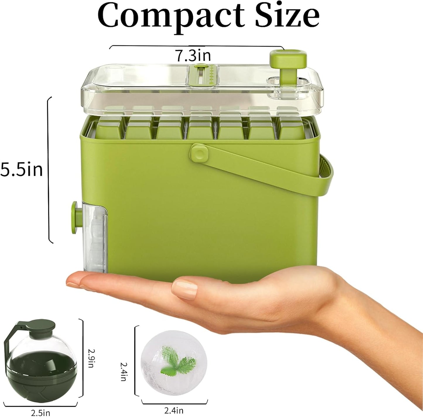 Compact Ice Cube Tray with Lid and Bin, with 2 round Ice Ball Molds, Bpa-Free, Easy Push-Release(Green)