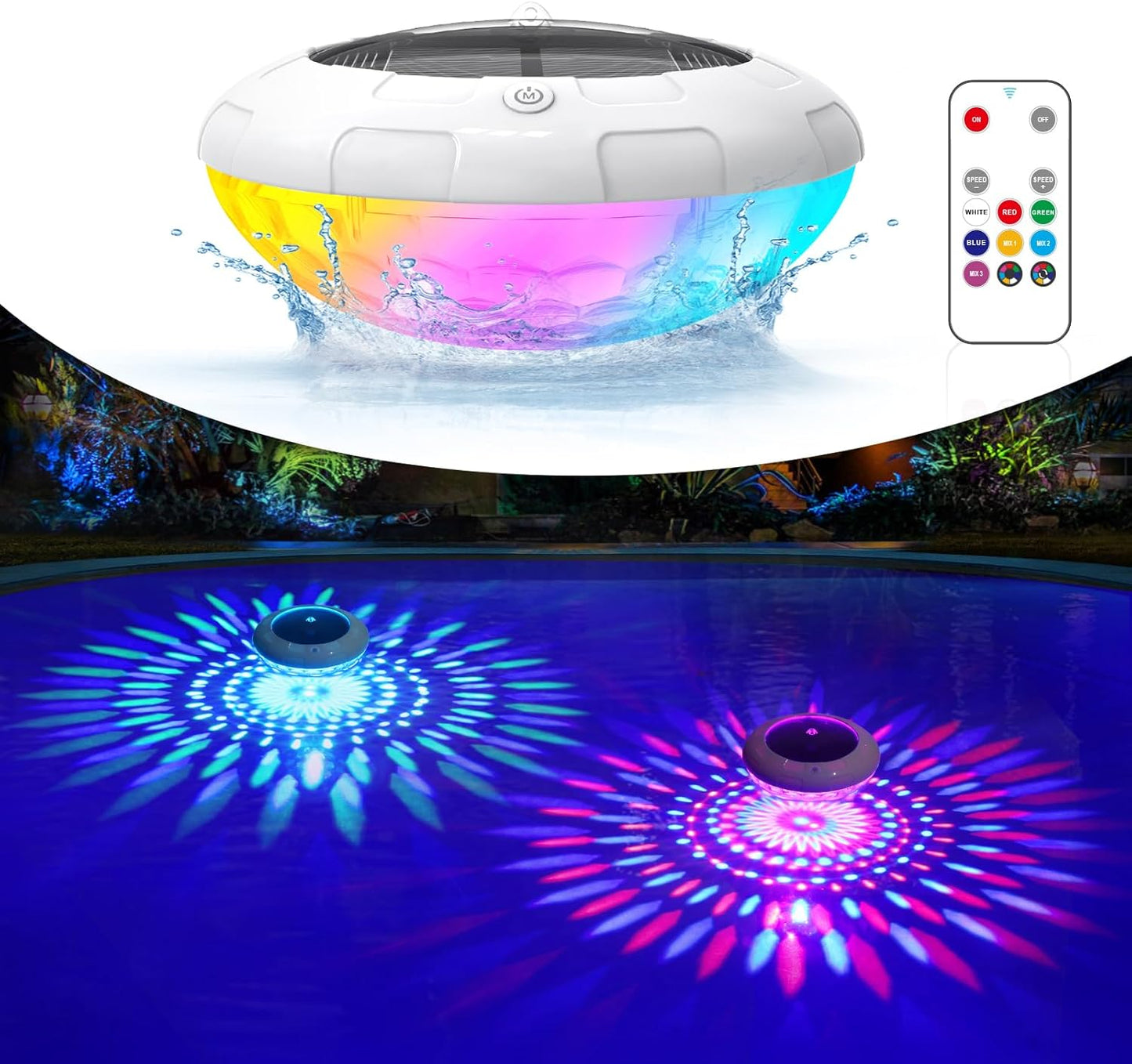 Floating Pool Lights W/Remote, 6.5 Inch RGB Color Changing Solar Pool Lights That Float with 9 Dynamic Lighting, IP68 Waterproof Hangable Solar Floating Light for Pool Garden Weeding Decor(2)