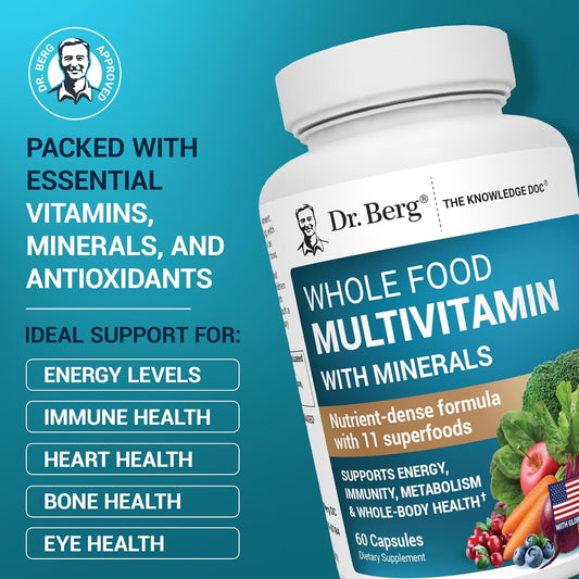 Dr. Berg Whole Food Multivitamin with Minerals - Daily Multivitamin for Men and Women - Includes Premium Whole Food Fruits and Vegetable Blend with Folate, Alpha-Lipoic Acid and More - 60 Capsules