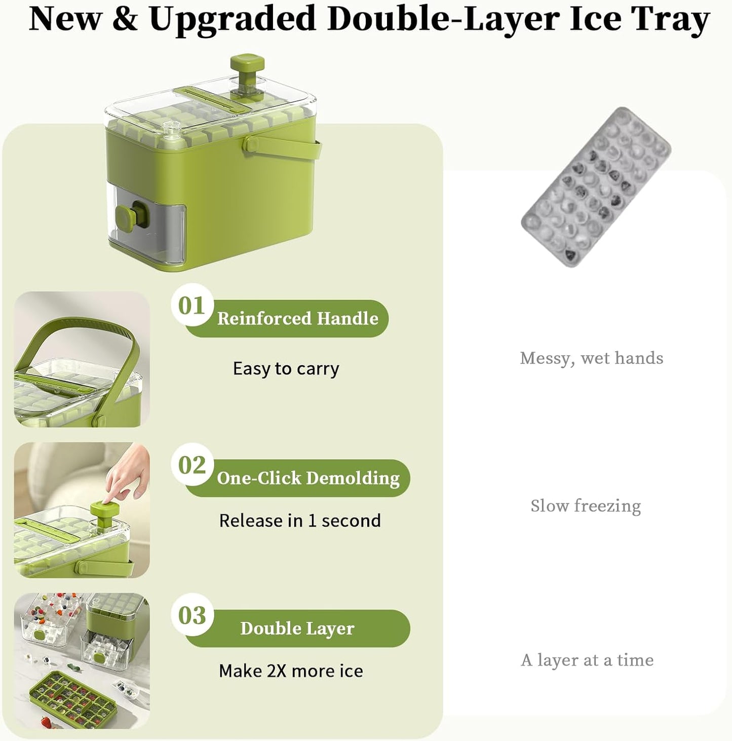 Compact Ice Cube Tray with Lid and Bin, with 2 round Ice Ball Molds, Bpa-Free, Easy Push-Release(Green)