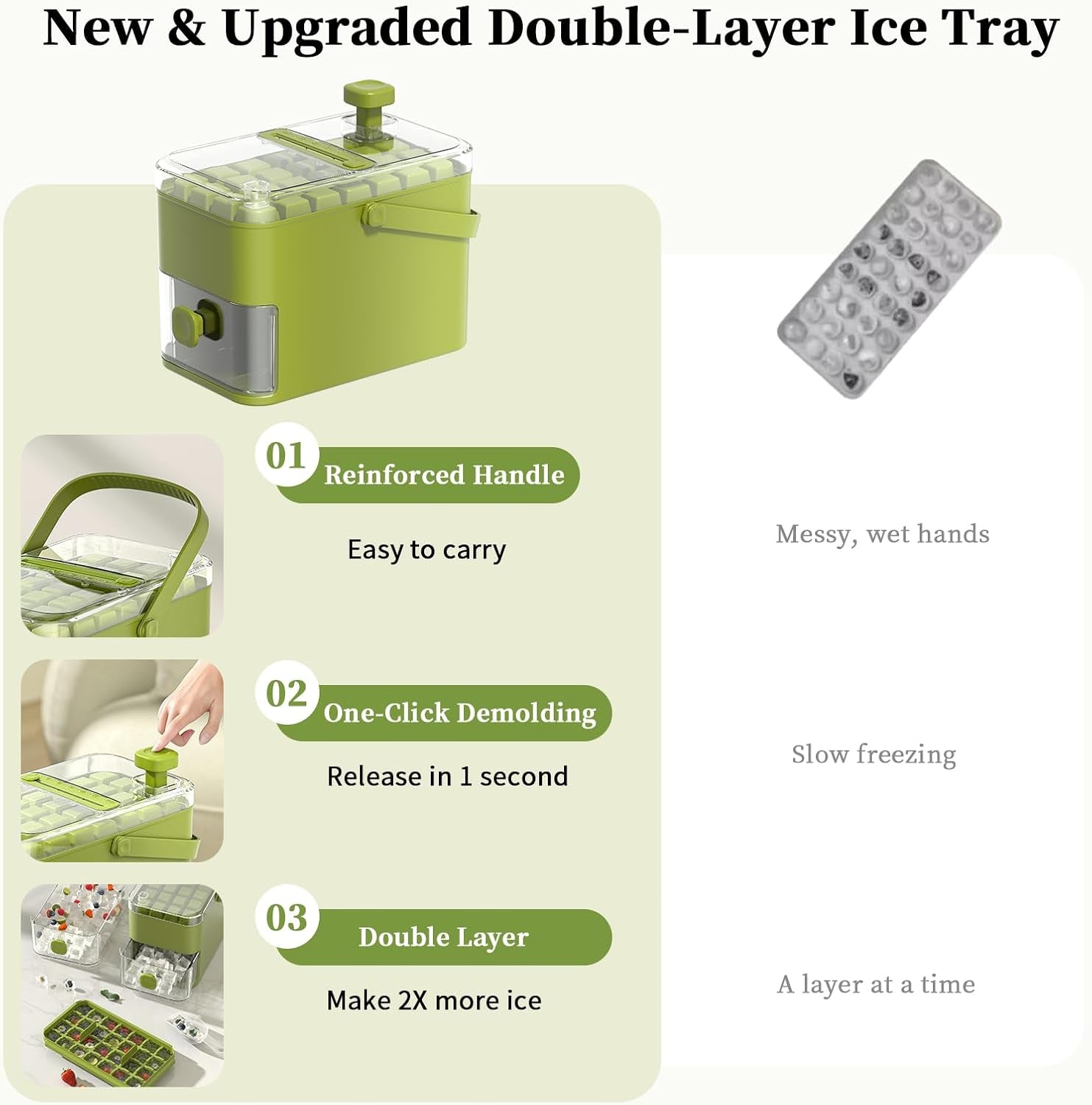 Compact Ice Cube Tray with Lid and Bin, with 2 round Ice Ball Molds, Bpa-Free, Easy Push-Release(Green)