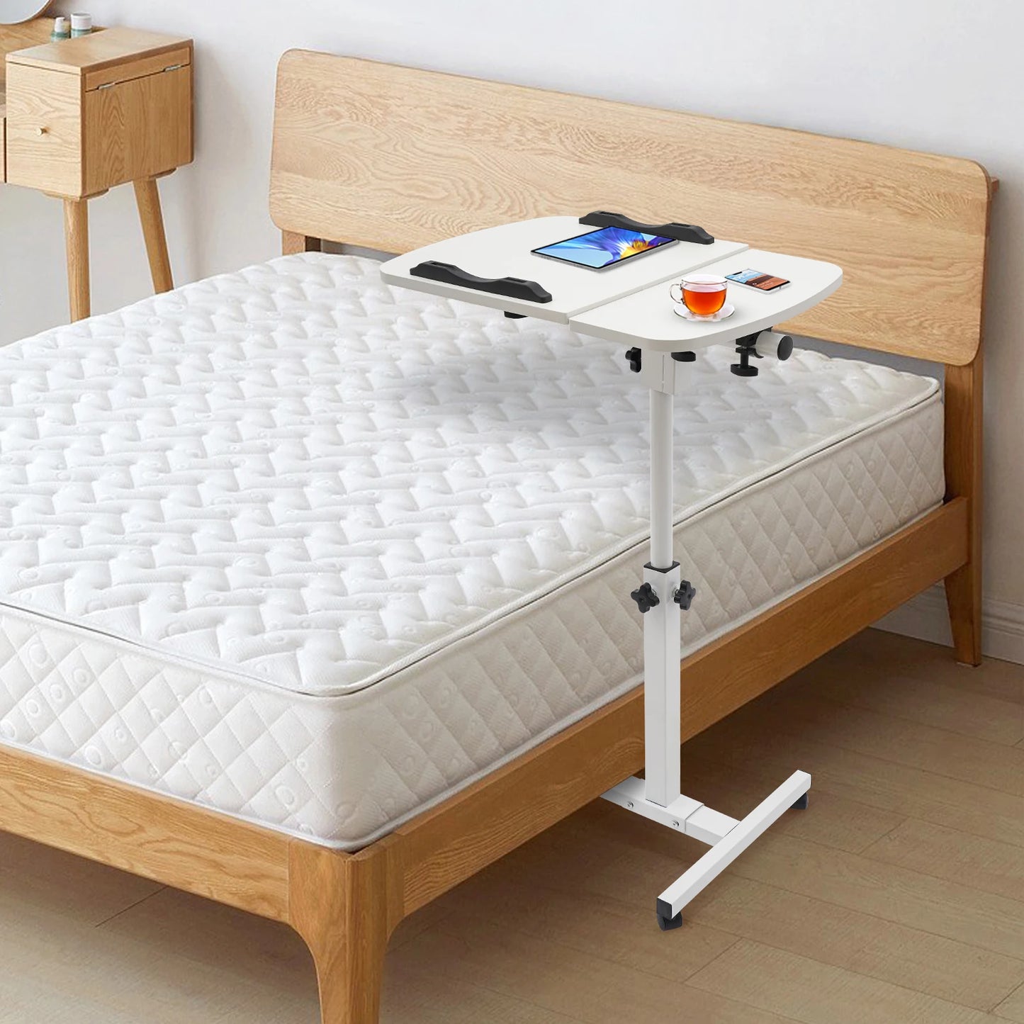 Height Adjustable White Computer Desk Stand with Wheels Adjustable Rolling Laptop Table Suitable for Bedroom, Living Room, Study