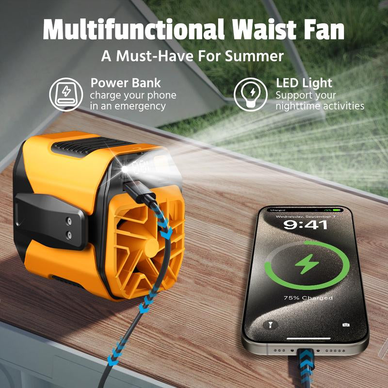 Upgrade Personal Portable Waist Clip Fan,Rechargeable 5000Mah Battery Power Bank,10 Speeds 5300RPM Strong Airflow, LED Light, up to 8H of Working Time, Hands-Free Hanging Neck Fan, Wearable Belt Fan for Camping, Outdoor, Jobsite,Farms,Traveling,Fishing