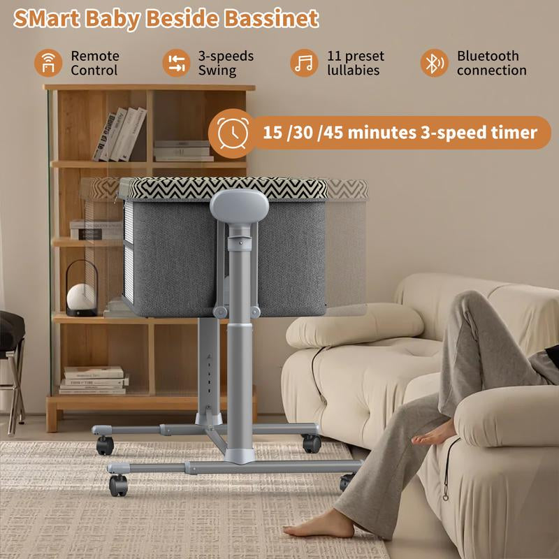 Electric Rocking Bassinet for Baby, 4 and 1 Baby Bedside Bassinets with Remote Control, Portable Bassinets Bedside Sleeper for Newborn with 3-Speed Swings, Baby Crib in Bed with Wheels