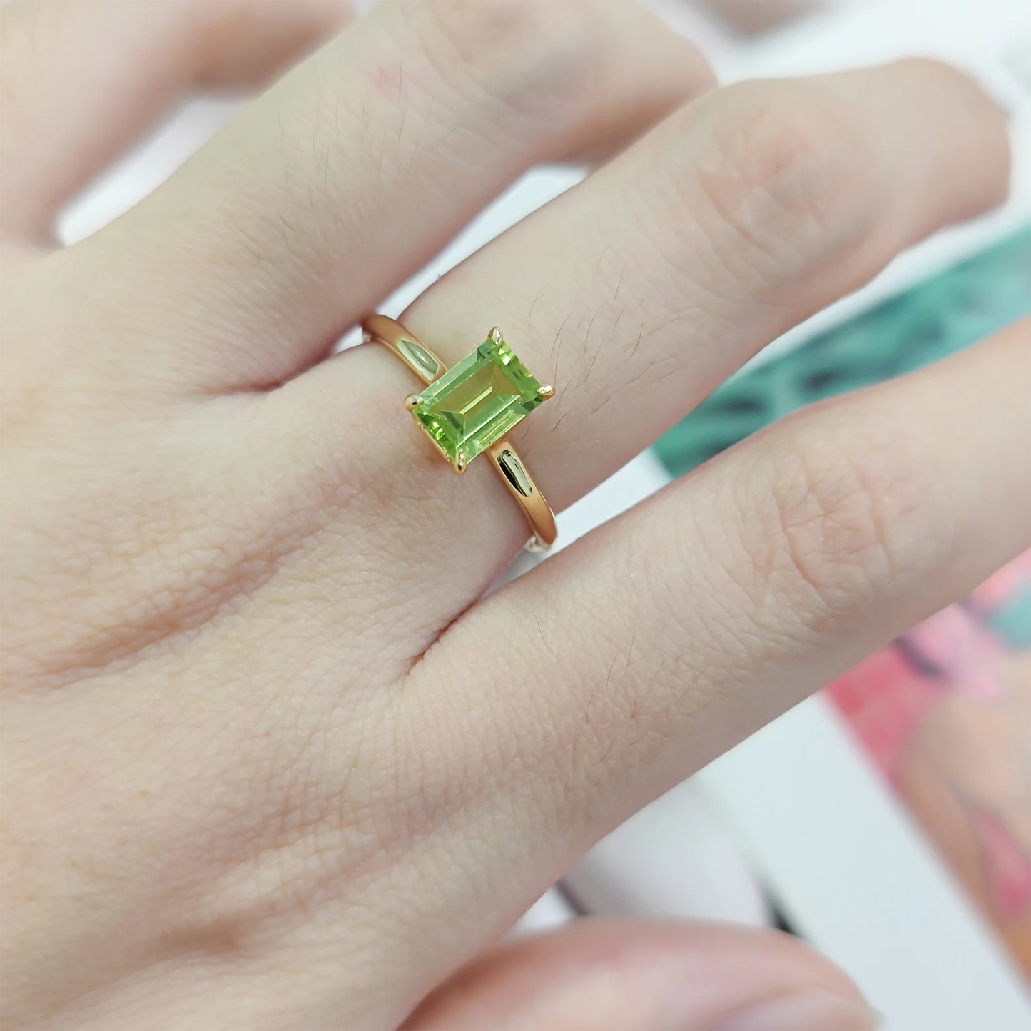 18K Gold Plated Silver Octagon 5X7Mm 1.46Ct Peridot Birthstone Solitaire Eagle Prongs Engagement Rings Gift for Her