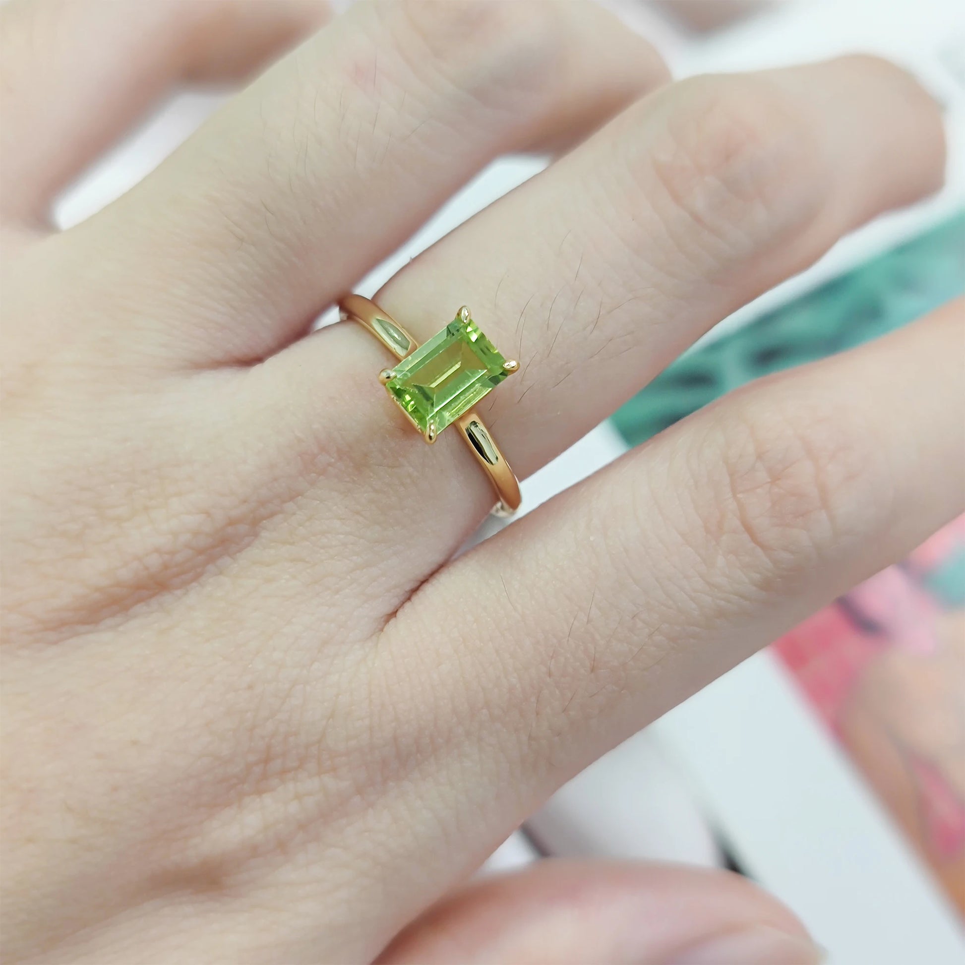 18K Gold Plated Silver Octagon 5X7Mm 1.46Ct Peridot Birthstone Solitaire Eagle Prongs Engagement Rings Gift for Her