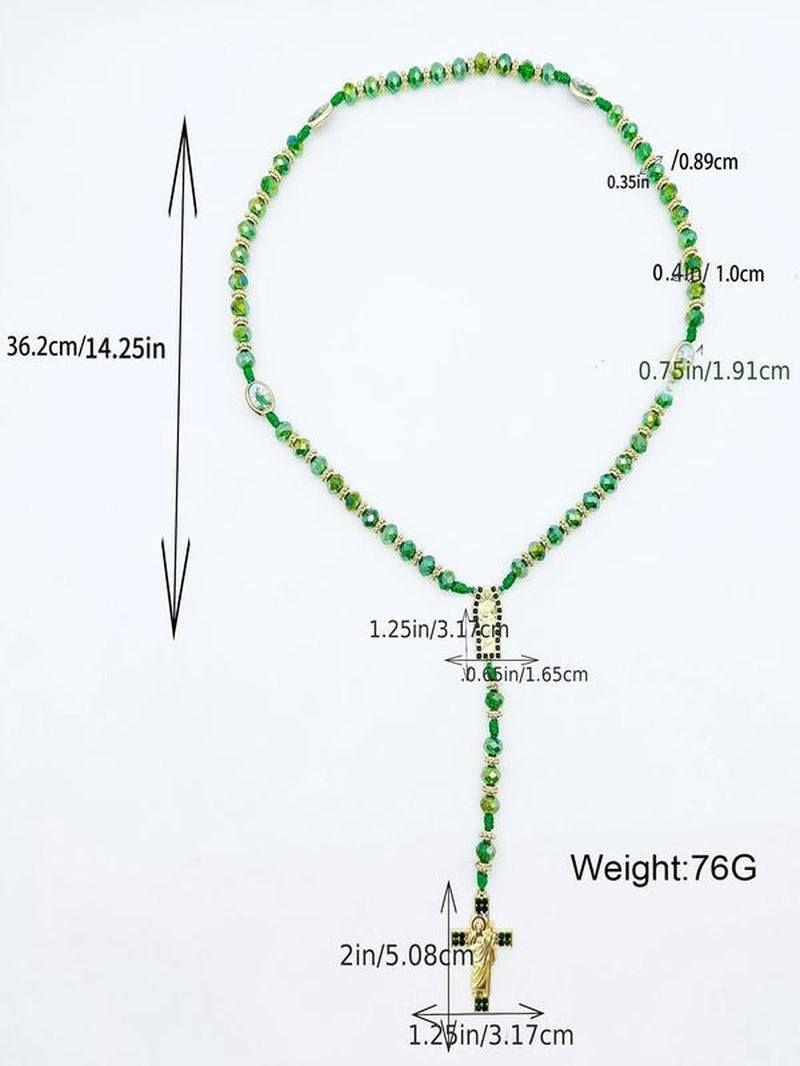 Rosary Saint Jude Virgin Mary Green Crystal Beads Catholic Necklace Cross Pendant Protection Blessing Charm Catholic Handmade Jewelry Gift Charms Car Hanging Charm Christmas Halloween Gift for Men Women