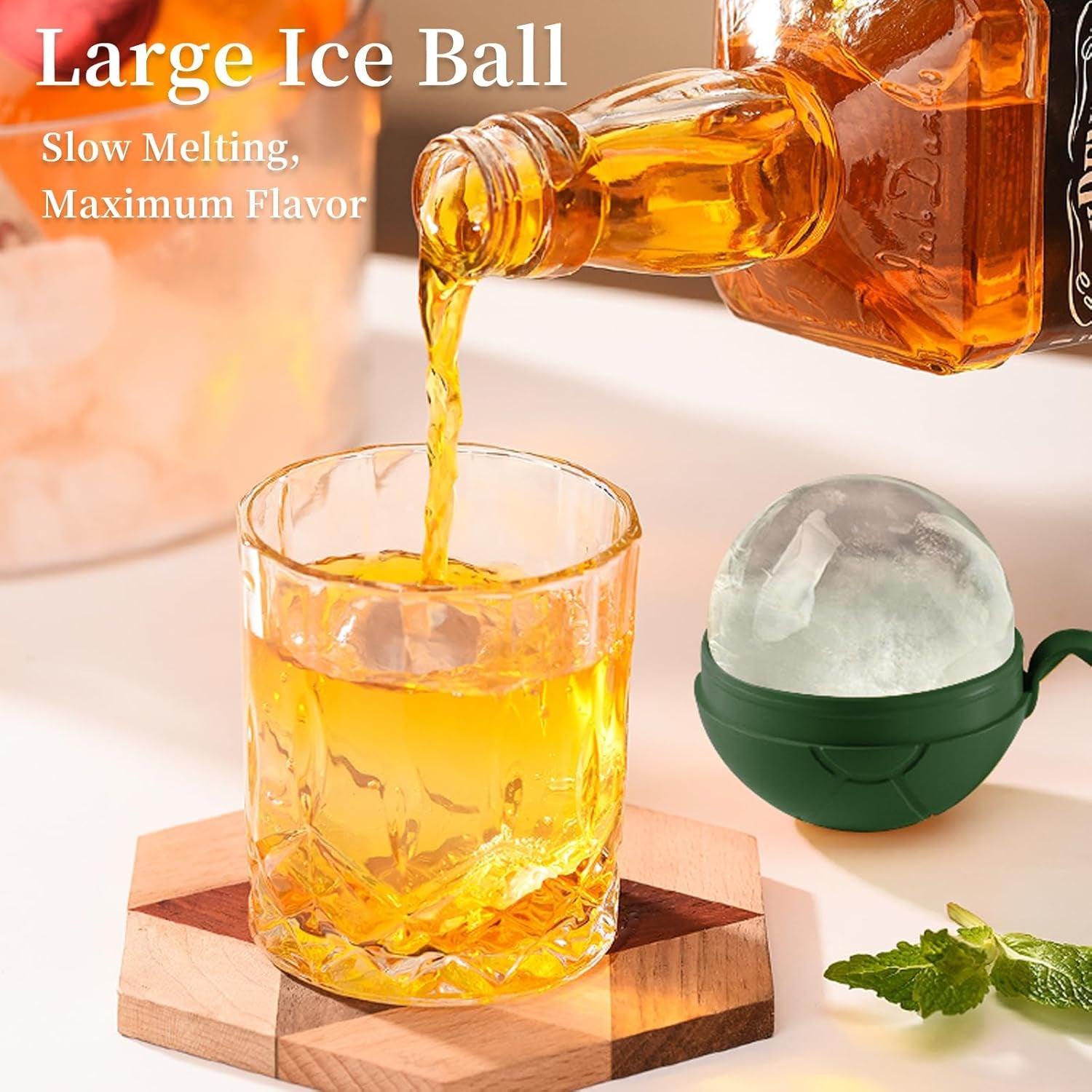Compact Ice Cube Tray with Lid and Bin, with 2 round Ice Ball Molds, Bpa-Free, Easy Push-Release(Green)
