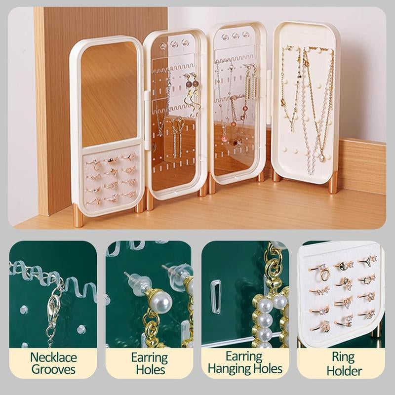 Foldable Jewelry Organizer Box for Women - 4-Layer Dustproof Earring Organizer & Rings Organizer with Mirror, Space-Saving Design