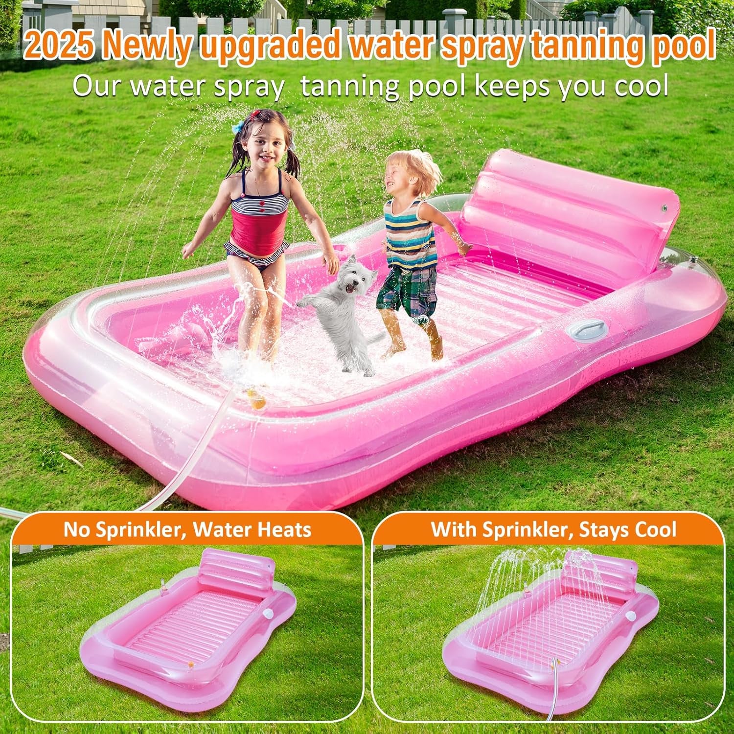 Inflatable Tanning Pool Lounger Float with Sprinkler, 78" X 48" Pool Floats Adult with Pillow, 3 in 1 Blow up Tanning Bed, Suntan Tub Raft Floatie for Pools, Beach, Backyard Summer Water Party