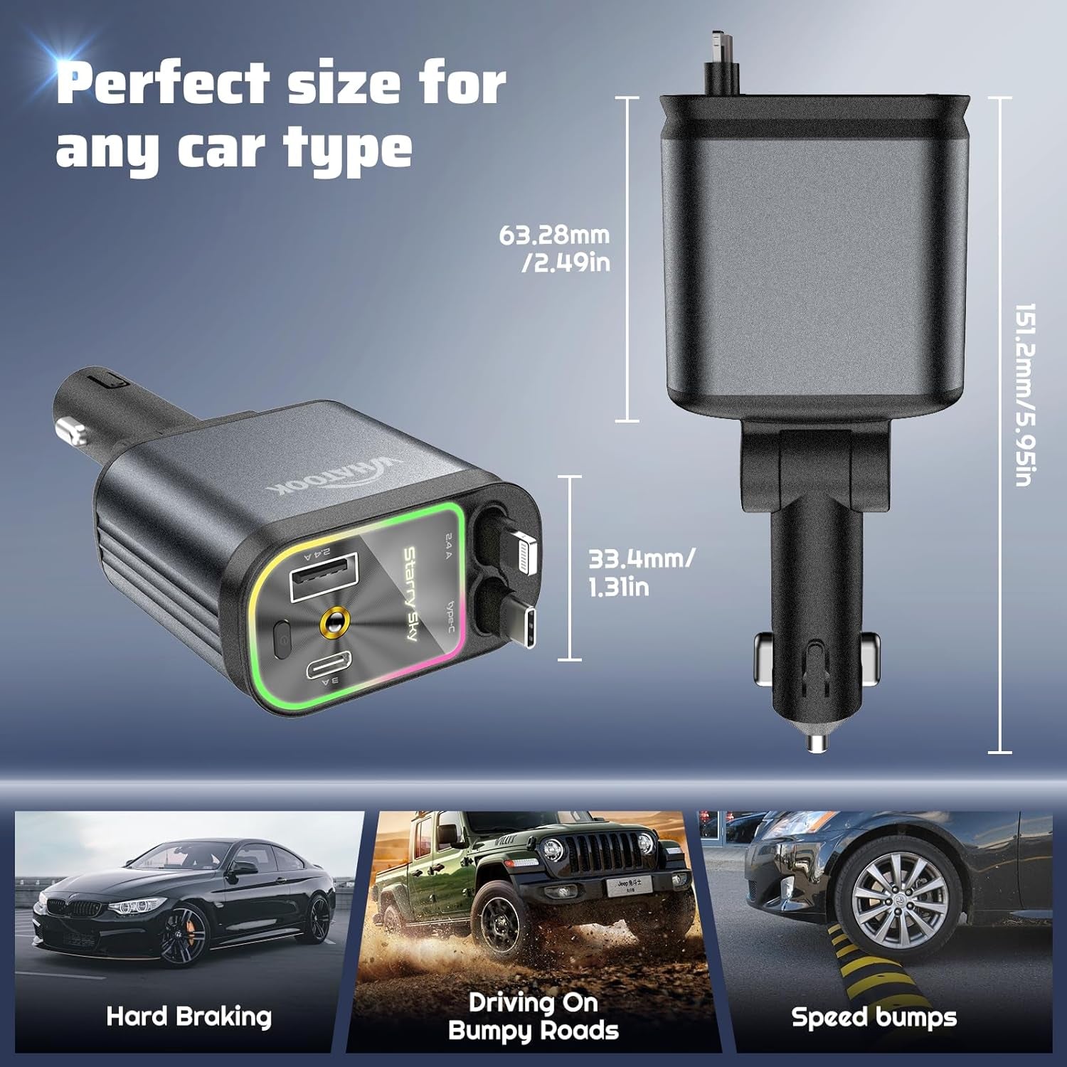 Starlight Retractable Car Charger: Car Accessories with Starlight in Car Roof, Car Chargers USB C, Fast Charging Adapter & Dual Charge Ports, 4 in 1 Car Phone Charger for Iphone Ipad Airpods