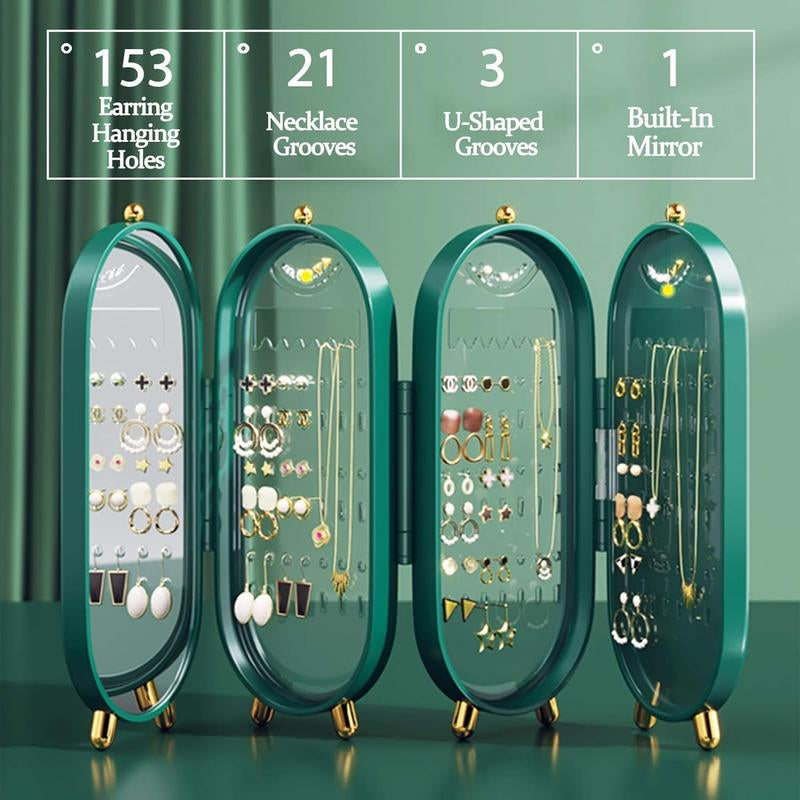 Green Foldable Jewelry Organizer with Mirror, 4-Tier Dustproof Display Box for Earrings and Necklaces, Features 153 Slots