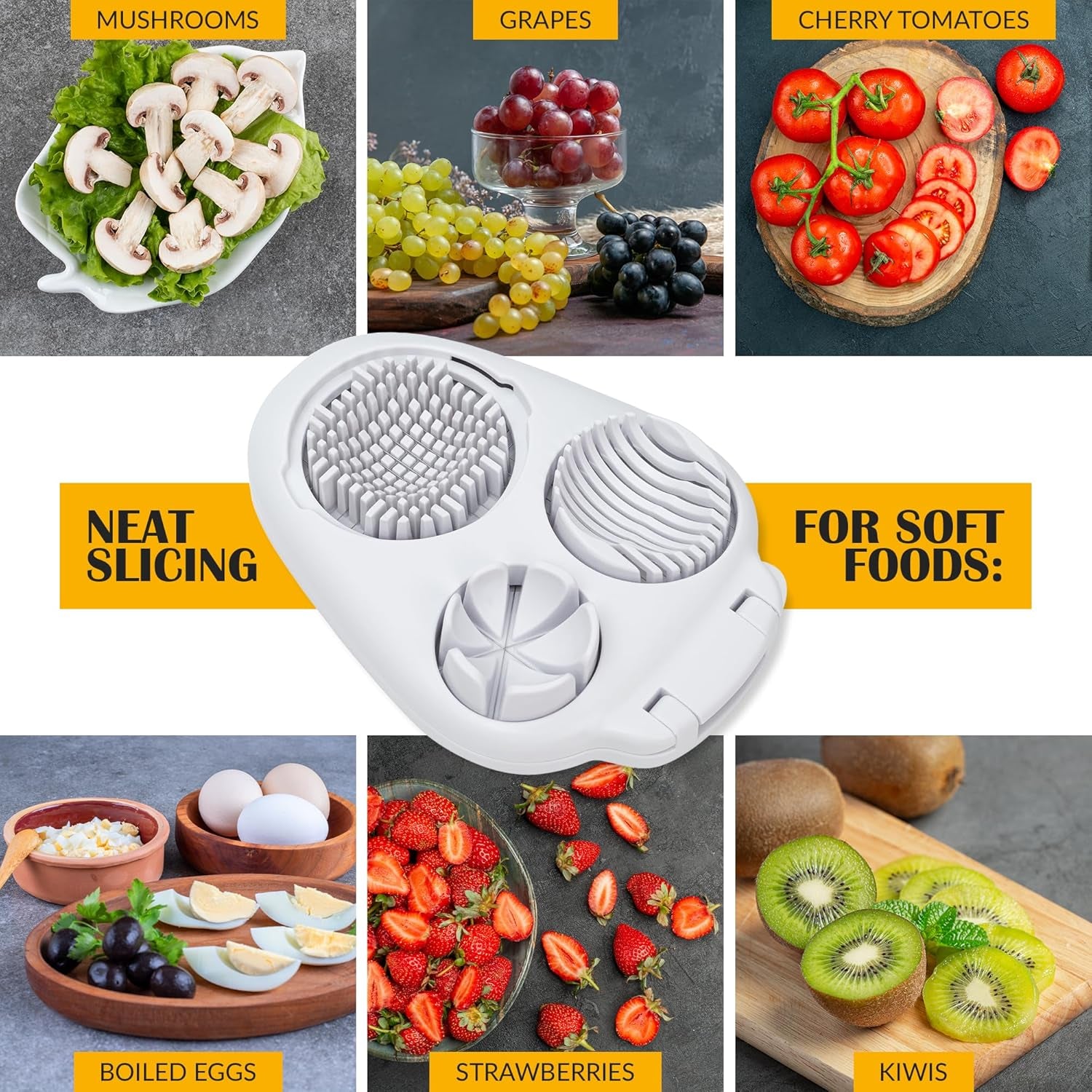 Egg Slicer for Hard Boiled Eggs - 3 Slice Modes Egg Cutter, Heavy Duty, Stainless Steel Dicer - Kitchen Chopper Tool for Strawberry, Mushroom, Grape, Cherry Tomato - White