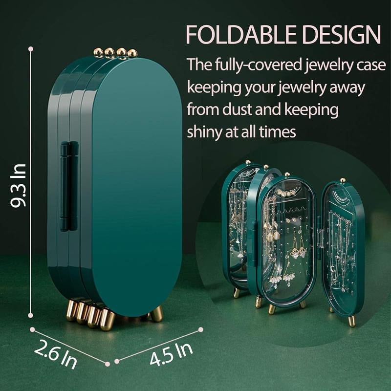 Green Foldable Jewelry Organizer with Mirror, 4-Tier Dustproof Display Box for Earrings and Necklaces, Features 153 Slots