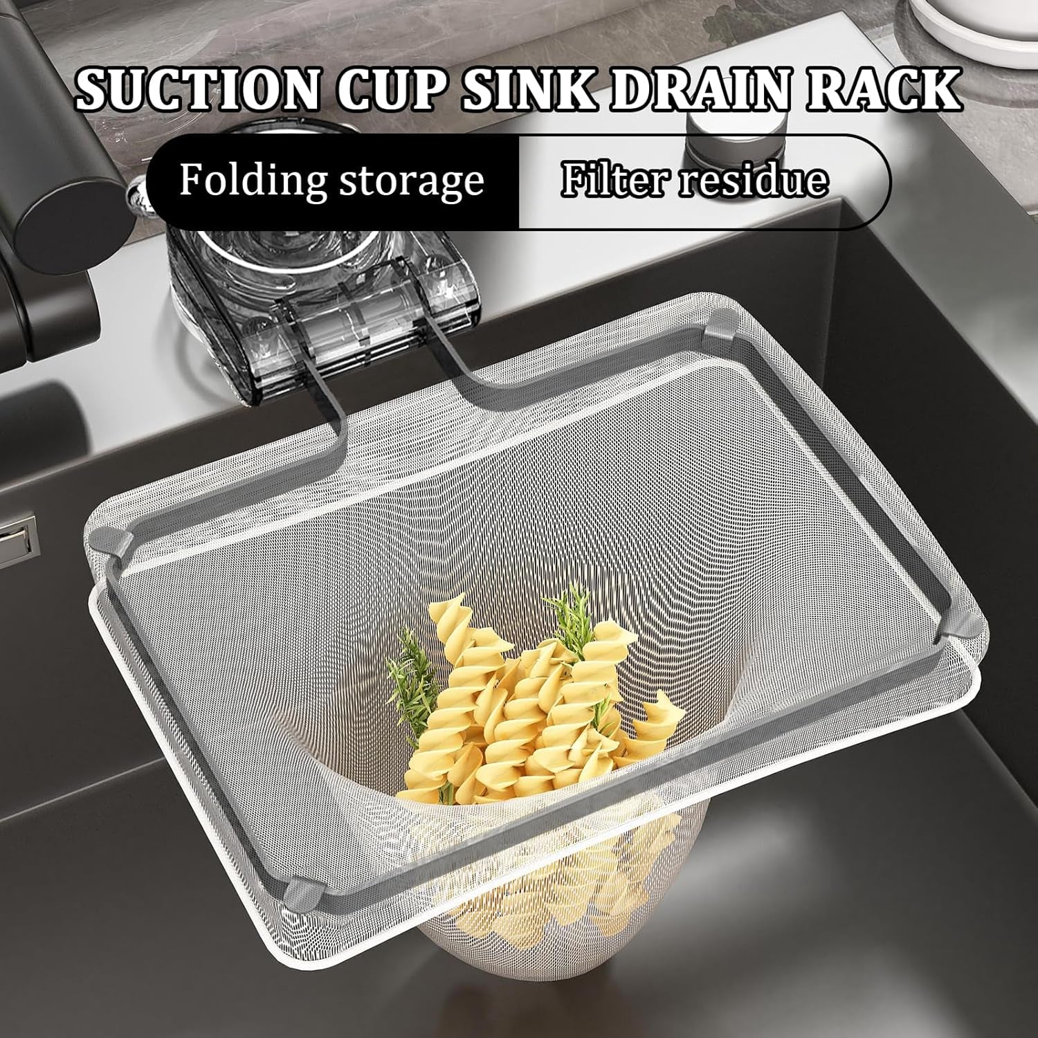 Kitchen Sink Strainer with Filter Mesh Bag, Food Waste Filter Basket, Suction Cup Folding Washing Vegetables and Fruits Drying Bag Holder
