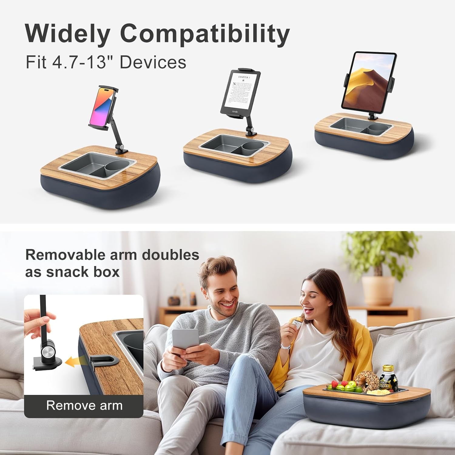 Lap Beanbag Tablet Pillow Stand,Adjustable Ipad Holder with Snack Bowl,360° Rotating Clip for 4.7-13" Kindle,Phone,Tablet.Ideal for Hands-Free Reading and Relaxation on Bed,Couch,Recliner,Gray