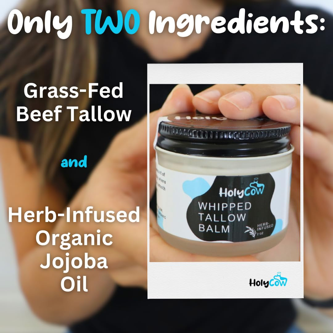 Beef Tallow for Skin - Whipped Tallow Balm with Organic Jojoba Oil (Unscented/Herb-Infused), Grass Fed Beef Tallow Face Moisturizer for Eczema, Baby, Lip Balm - Lotion for Extremely Dry Skin