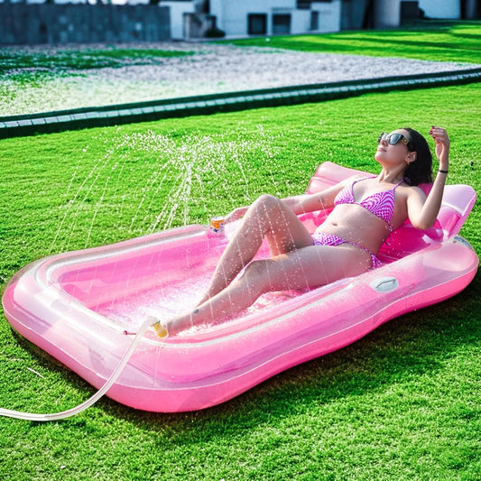 Inflatable Tanning Pool Lounger Float with Sprinkler, 78" X 48" Pool Floats Adult with Pillow, 3 in 1 Blow up Tanning Bed, Suntan Tub Raft Floatie for Pools, Beach, Backyard Summer Water Party