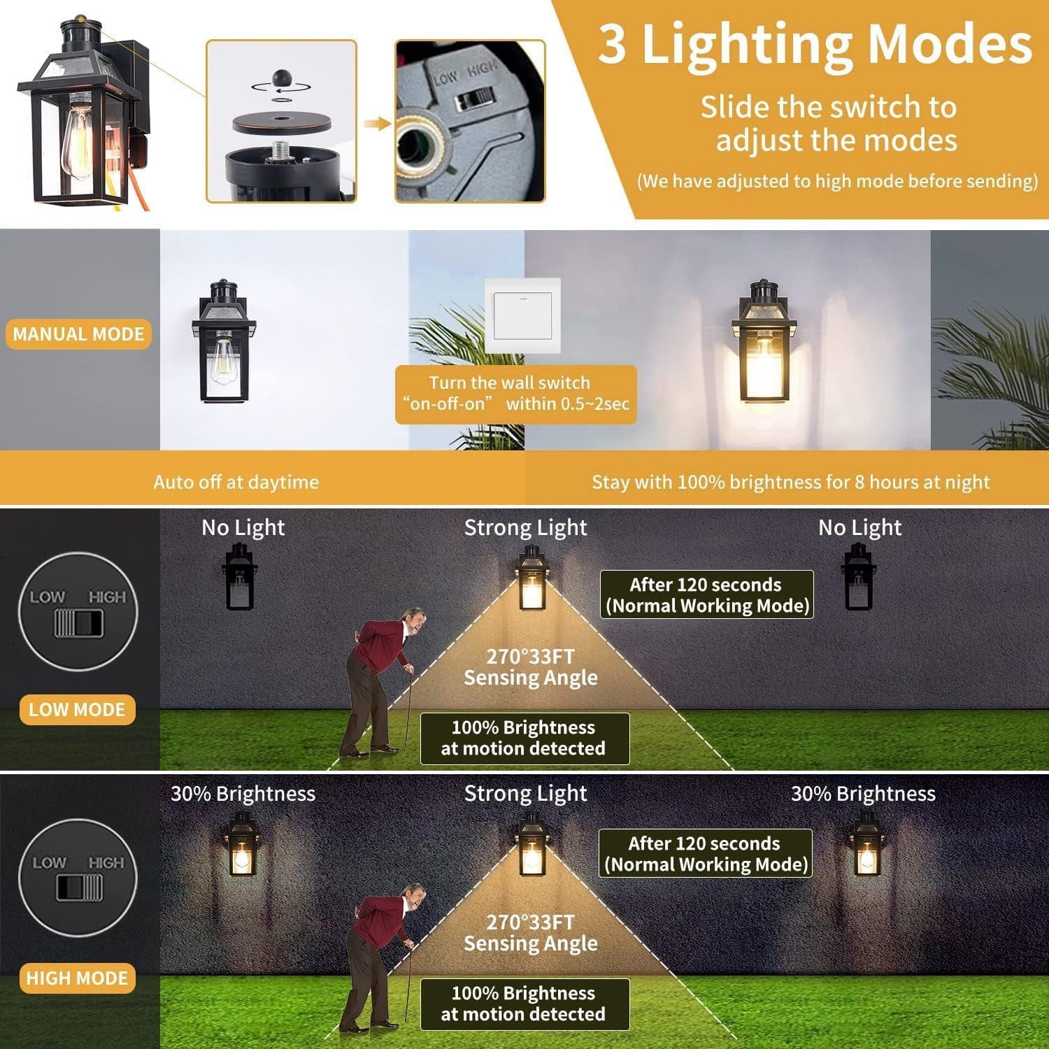 Outdoor dusk to dawn lights with 3 lighting modes for home security