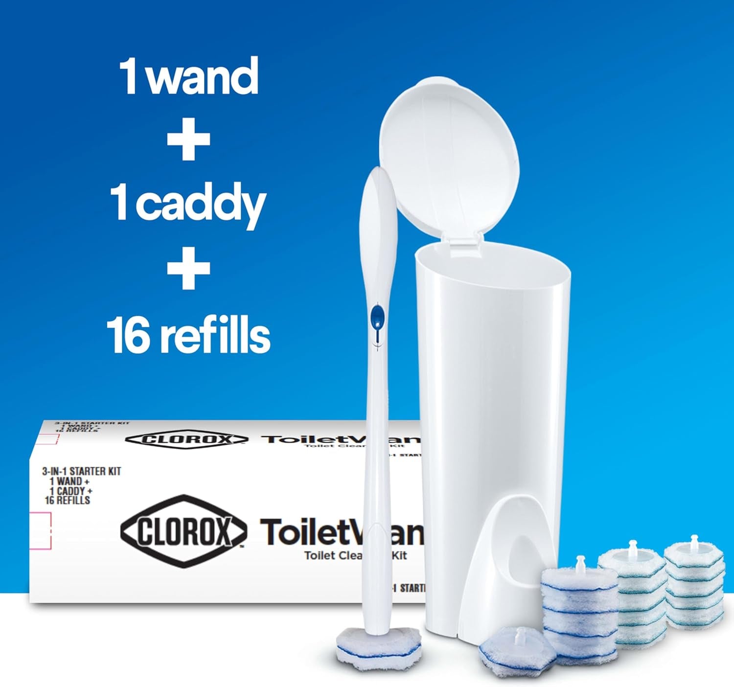 Toilet cleaning system with long handle wand and storage caddy