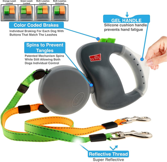 Non-tangling dual retractable dog leash for large dogs