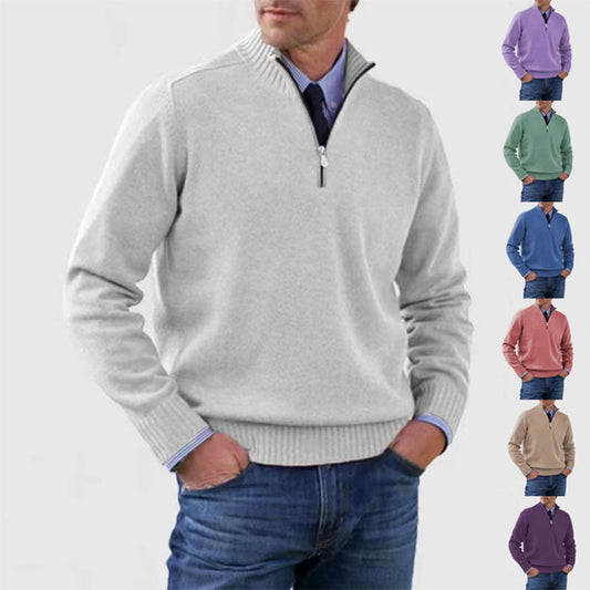 Men’s Stand Collar Zipper Sweater – Winter Fashion Solid Color Knitted Top