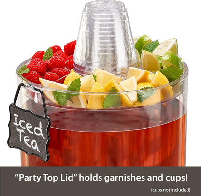 Durable 2 Gallon Beverage Dispenser with Stand - Stackable Drink Server for Parties - Includes Party Top Lid and Chalk Board Tag