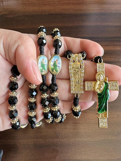 Rosary Saint Jude Virgin Mary Green Crystal Beads Catholic Necklace Cross Pendant Protection Blessing Charm Catholic Handmade Jewelry Gift Charms Car Hanging Charm Christmas Halloween Gift for Men Women