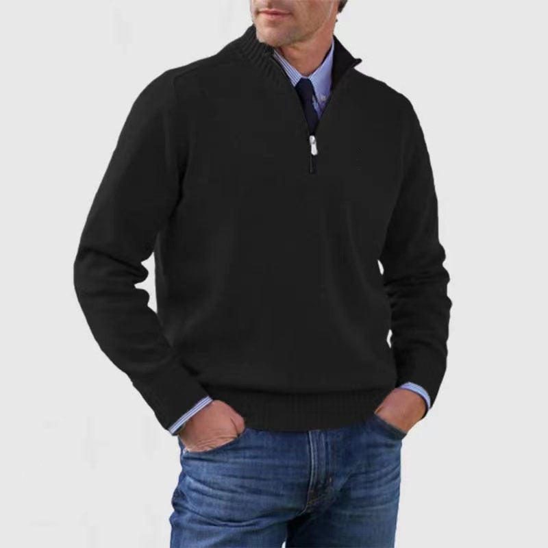 Men’s Stand Collar Zipper Sweater – Winter Fashion Solid Color Knitted Top