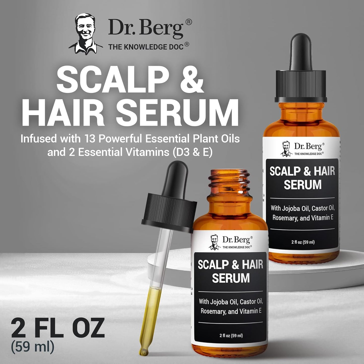 Dr. Berg Scalp & Hair Serum (Improved Formula) with Vitamin D3 & E - Clinically Tested, Paraben- and Sulfate-Free Hair Oil for Women & Men - Includes Rosemary Oil, Castor Oil & Jojoba Oil - 2 Fl Oz