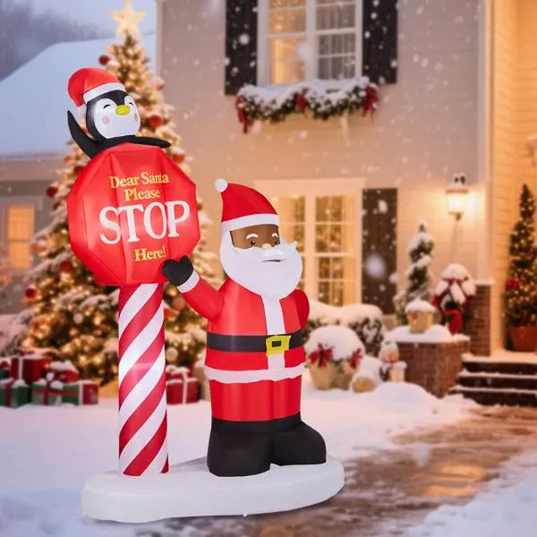 8.2FT Lighted Christmas Inflatable Black Santa & Road Sign