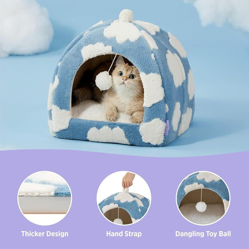 LESURE Cute Cat Beds for Indoor Cats - 2 in 1 Cat Cave Bed with Removable Washable Cushioned Pillow, Cozy Cat Tent House Design Pet Supplies Portable Blanket