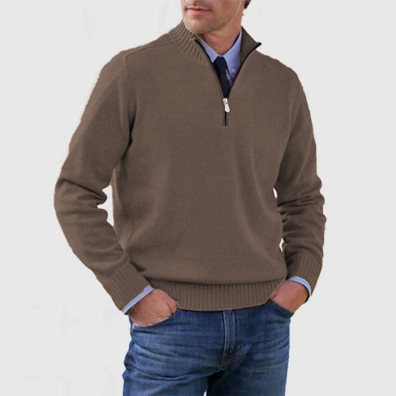 Men’s Stand Collar Zipper Sweater – Winter Fashion Solid Color Knitted Top