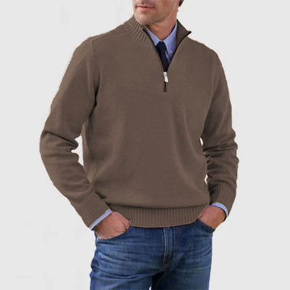Men’s Stand Collar Zipper Sweater – Winter Fashion Solid Color Knitted Top