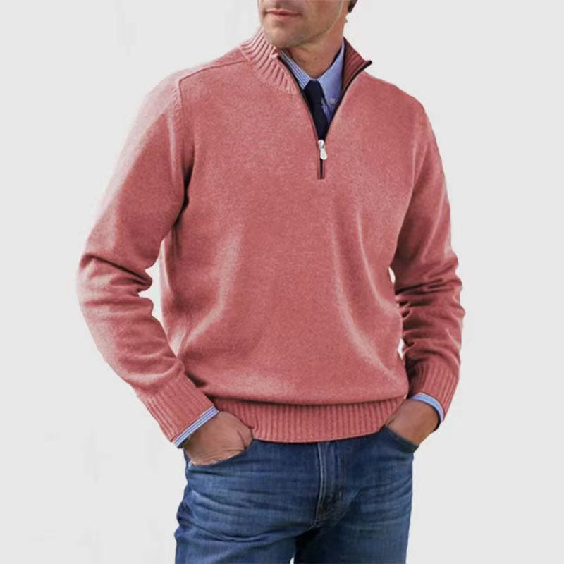 Men’s Stand Collar Zipper Sweater – Winter Fashion Solid Color Knitted Top