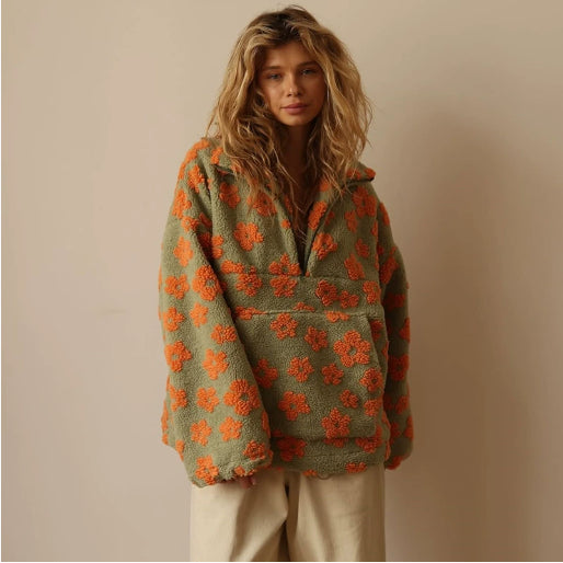 Winter Lambskin Sweatshirt with Pocket, Zip-Up Casual Pullover