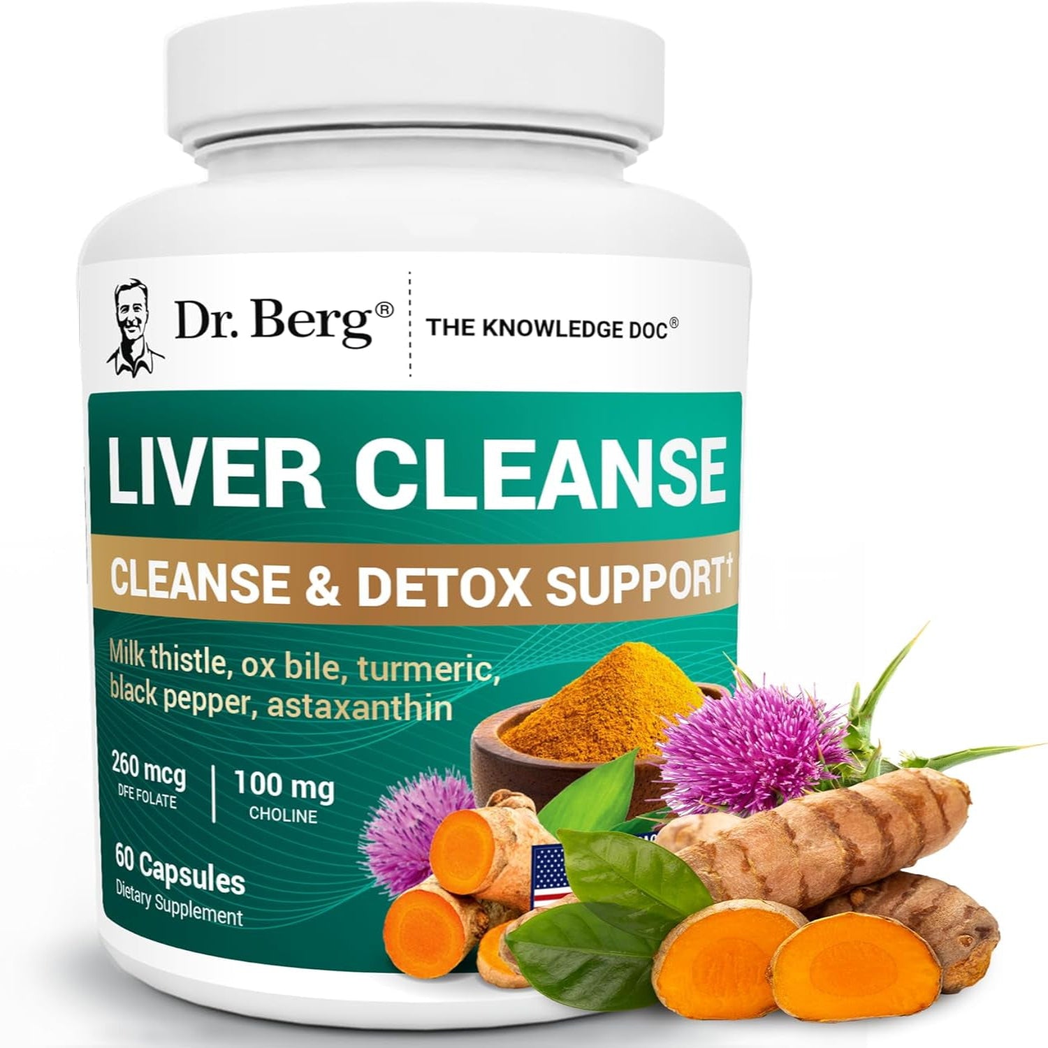 Dr. Berg Liver Cleanse Detox Capsules W/Unique Blend of Milk Thistle, Ox Bile & Folate - Liver Supplement Includes Turmeric, Black Pepper & Choline - 60 Capsules