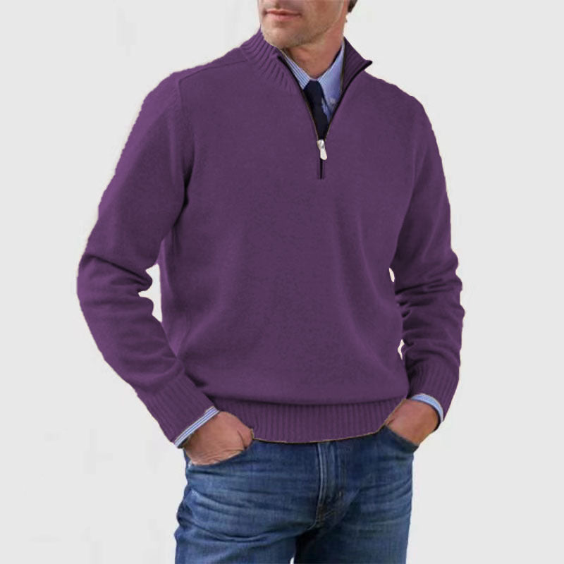 Men’s Stand Collar Zipper Sweater – Winter Fashion Solid Color Knitted Top