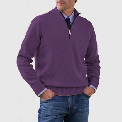Men’s Stand Collar Zipper Sweater – Winter Fashion Solid Color Knitted Top