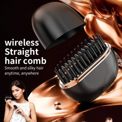 Portable wireless mini hair straightening comb with fast heating, 3-speed temperature control, and anti-scald design for smooth, frizz-free hair anywhere.