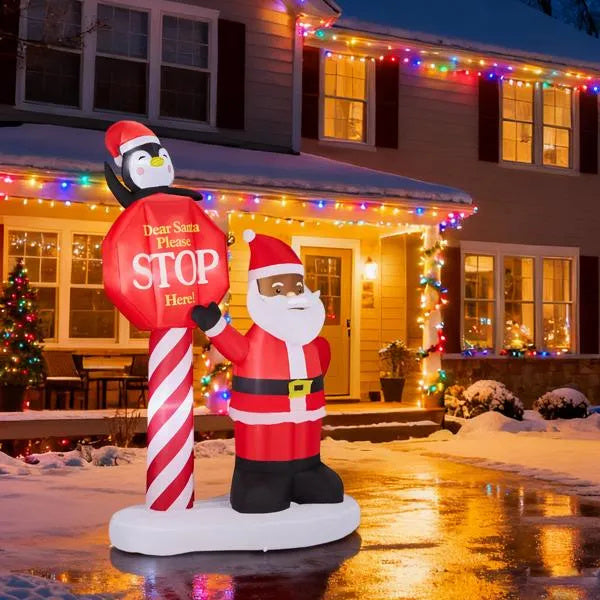 8.2FT Lighted Christmas Inflatable Black Santa & Road Sign