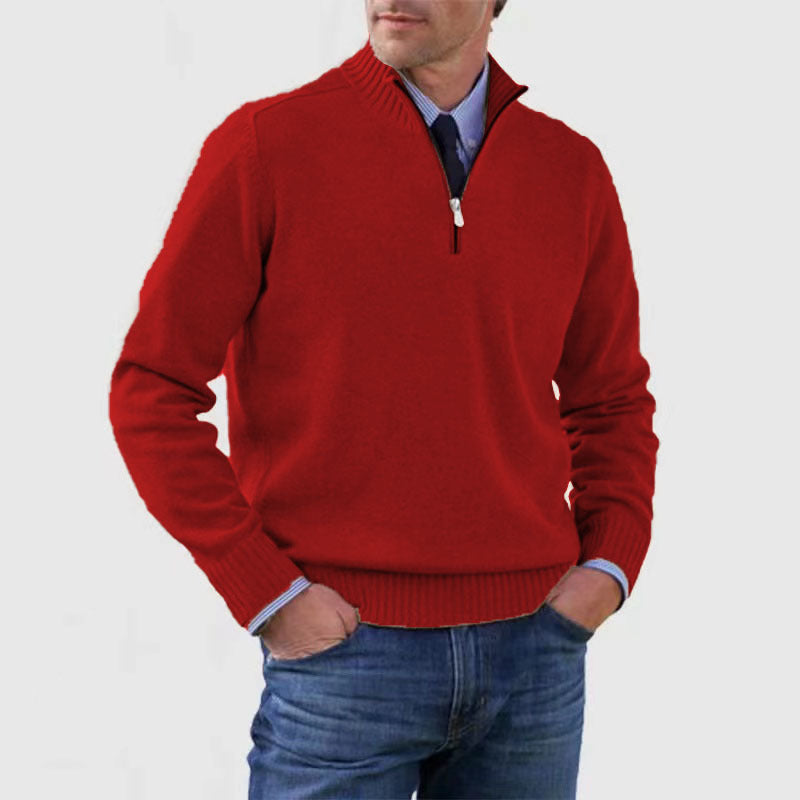 Men’s Stand Collar Zipper Sweater – Winter Fashion Solid Color Knitted Top