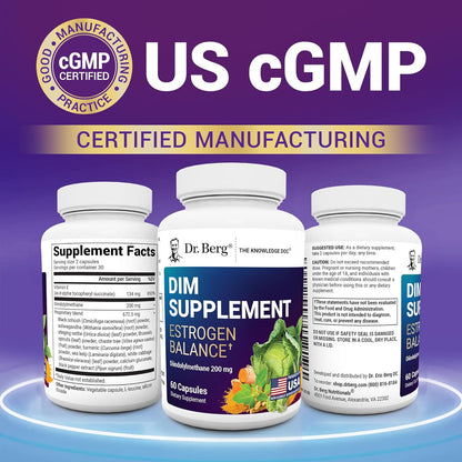 Dr. Berg DIM Supplement Estrogen Balance - Original Estrogen Supplement for Women with Diindolylmethane for Menstrual Symptoms & Menopause Relief & Black Pepper for Enhanced Absorption - 60 Capsules