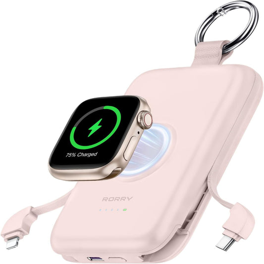 Portable Charger, 10000Mah PD 20W Fast Charging Portable Charger Power Bank with Built in Cables, Travel Battery Pack for Iphone 16/15/14/13/12/11 and Apple Watch Ultra/10/9/8/7/6/5/4/3, Pink