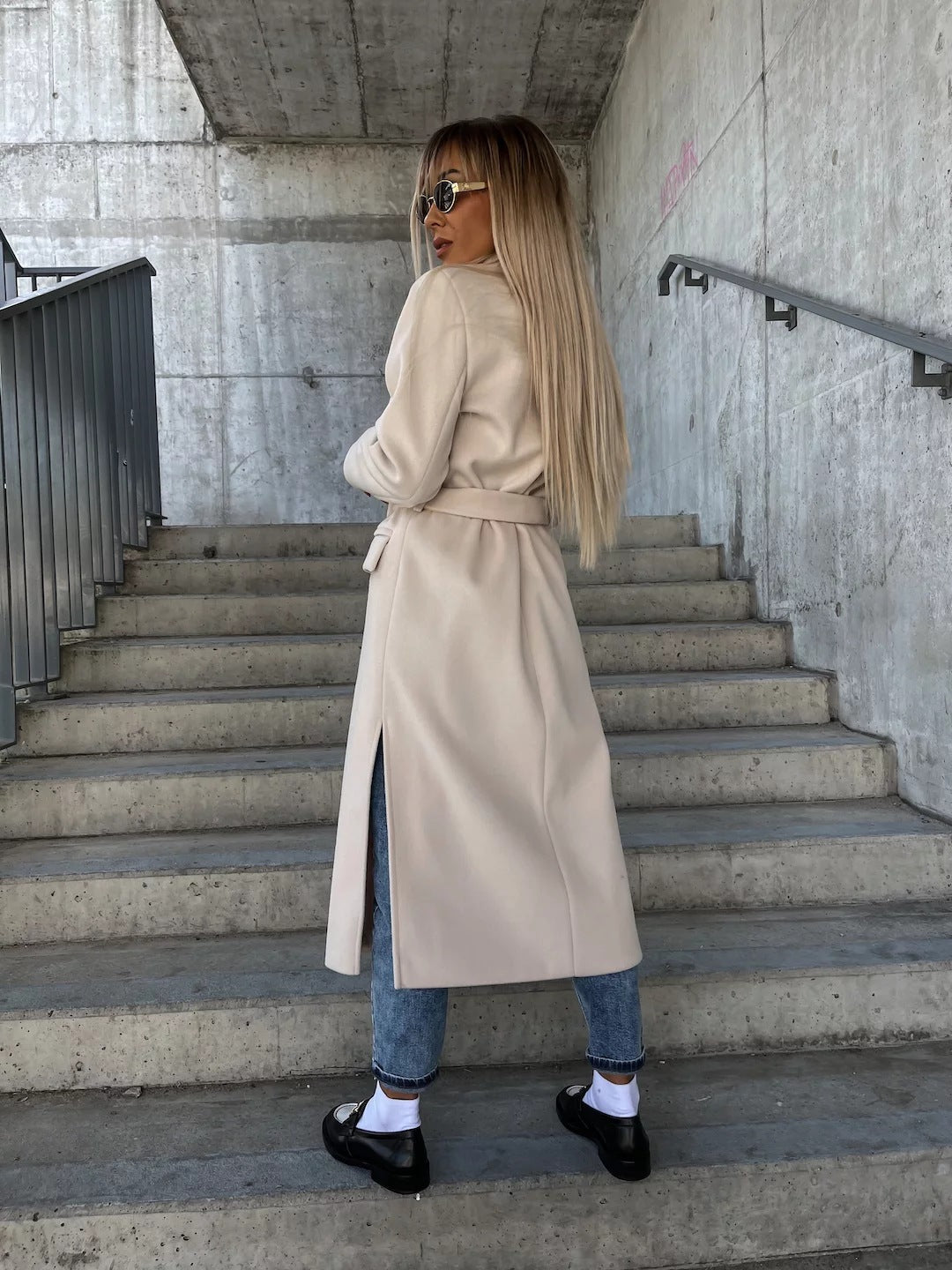 Double-Breasted Lapel Split Jacket with Belt – Women’s Winter Casual Coat