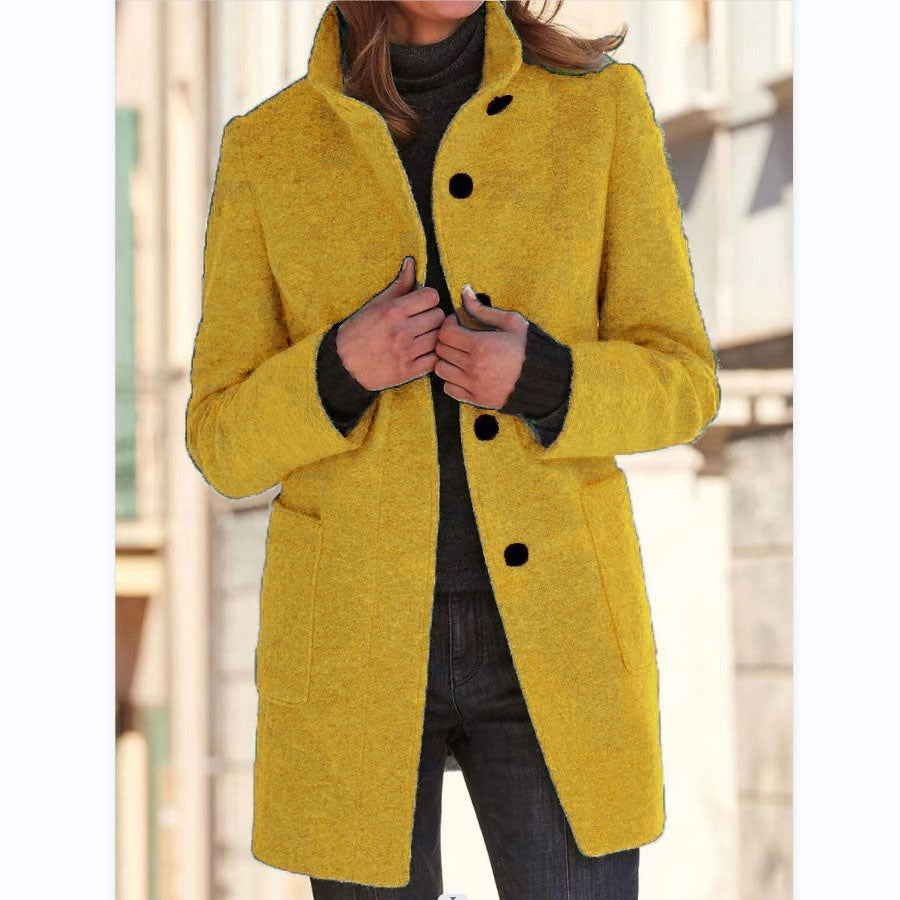 Fashion Stand Collar Woolen Coat With Pockets Fall Winter