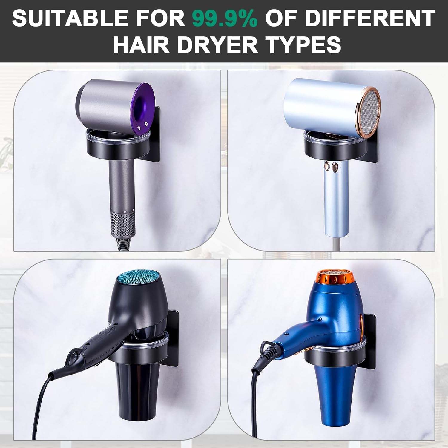 Blow Dryer Holder Wall Mounted, Black Hair Dryer Holder, Stainless Steel Blow Dryer Organizer, Hair Tool Organizer for Hair Dryer Hanger, Adhesive Hair Dryer Storage for Bathroom Barber Shop