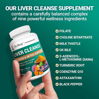Dr. Berg Liver Cleanse Detox Capsules W/Unique Blend of Milk Thistle, Ox Bile & Folate - Liver Supplement Includes Turmeric, Black Pepper & Choline - 60 Capsules