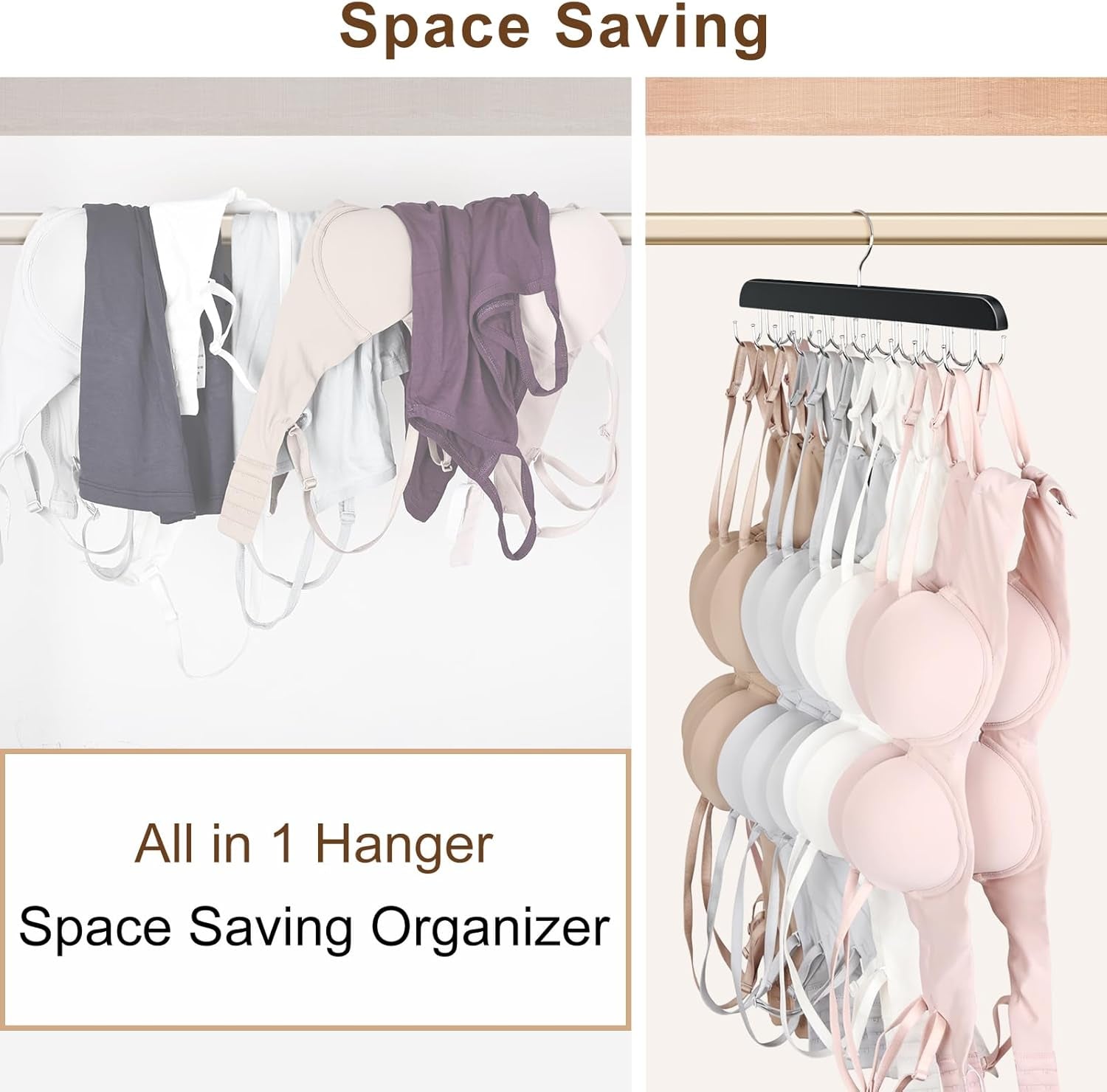 Bra Hanger for Closet, Tank Top Organizer 20 Hooks Capacity Foldable Wood Space Saving Hanger Closet Organizers and Storage for Dorm & Apartment for Tank Top, Hats, Scarf Etc.